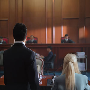 Two individuals standing before a judge in a courtroom, representing a court session - Law Office of Ira Z. Mill